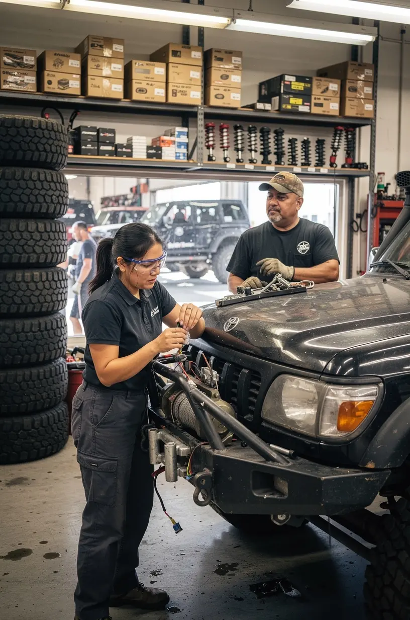 Technician installing off-road suspension on a lifted SUV in a professional Los Angeles garage