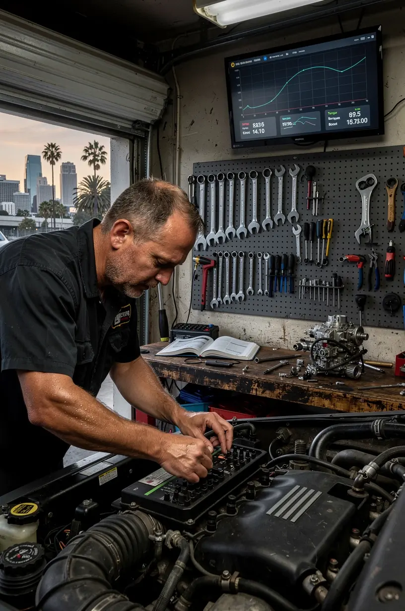 Mechanic performing routine maintenance on an SUV’s undercarriage to ensure reliability on rough terrain